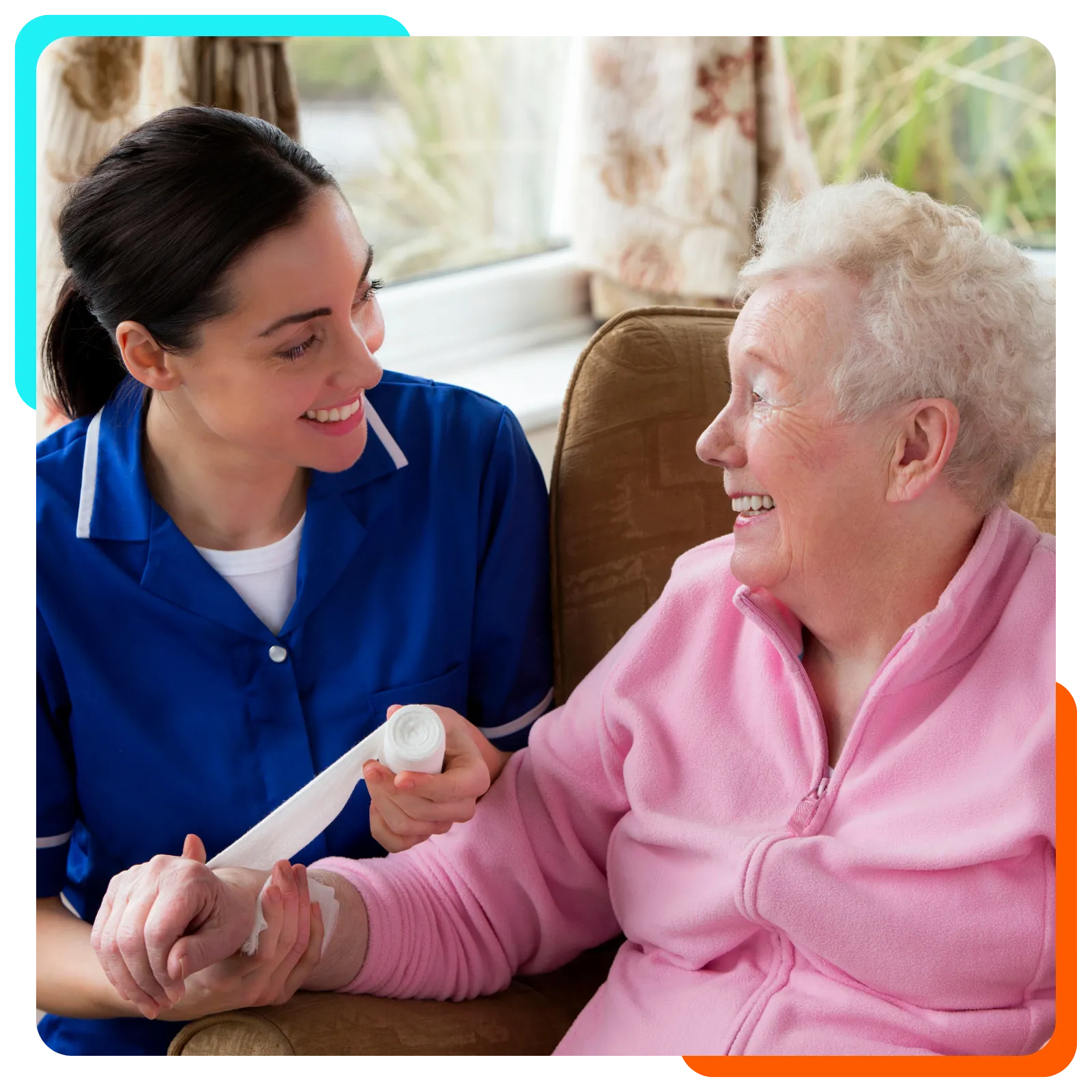 Caregiver assisting elderly woman with wrist bandage