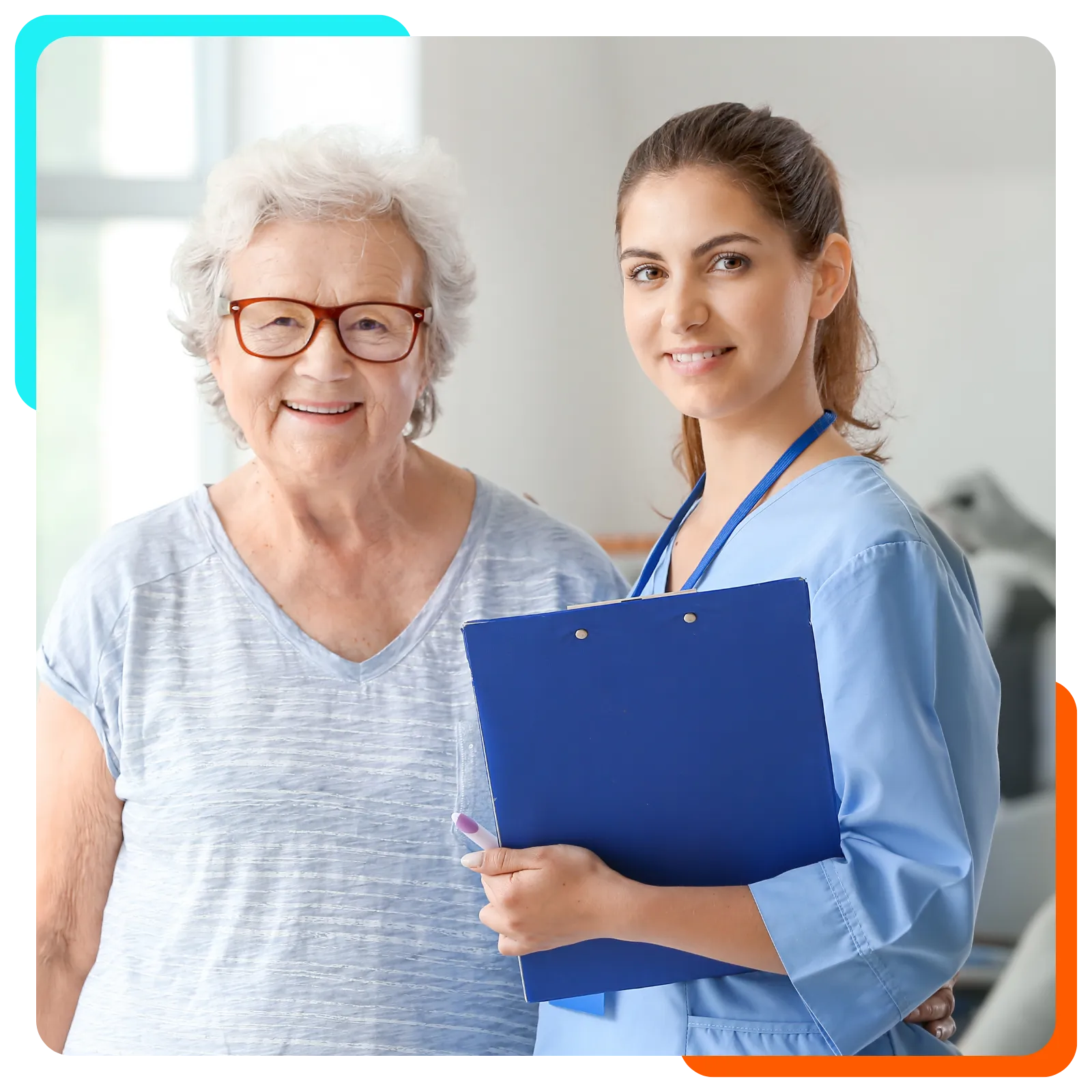 Nurse with clipboard and smiling elderly woman