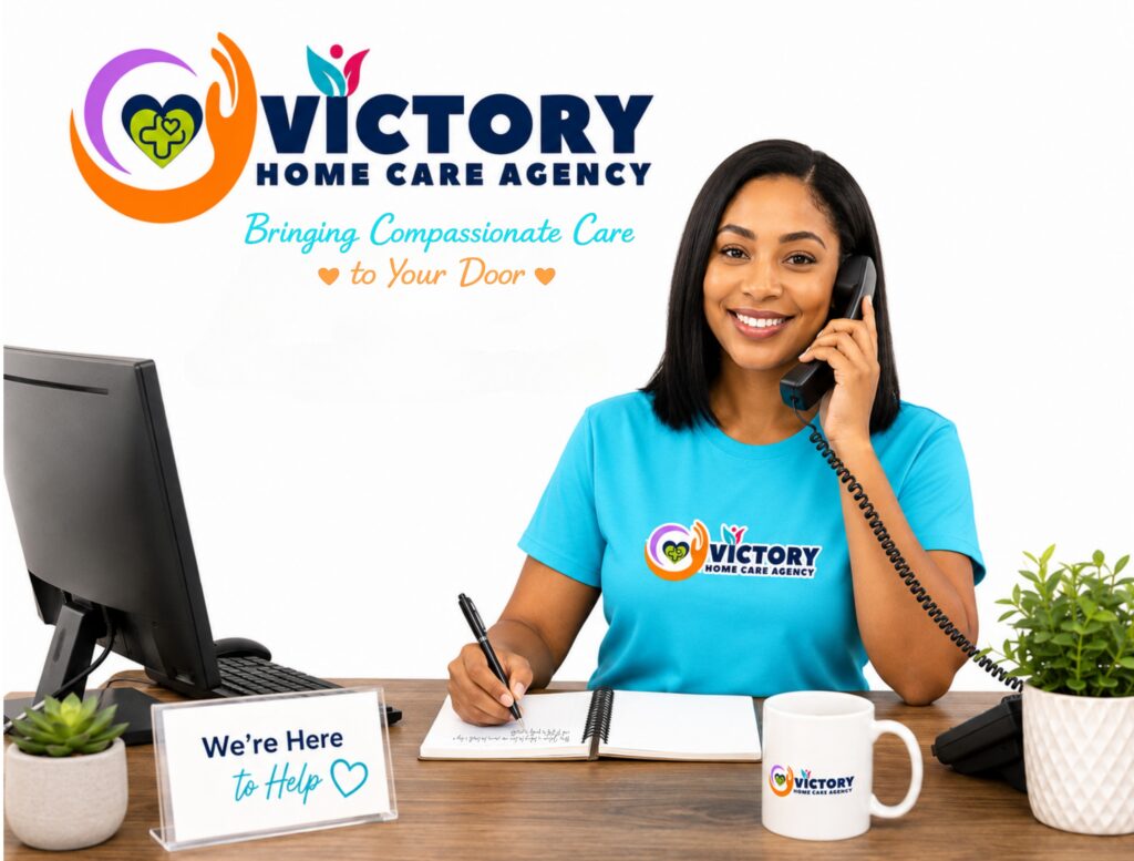 Smiling home care agency receptionist on phone