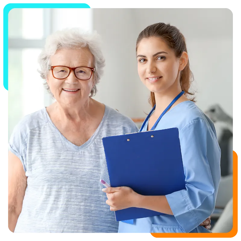 Nurse with clipboard and smiling elderly patient